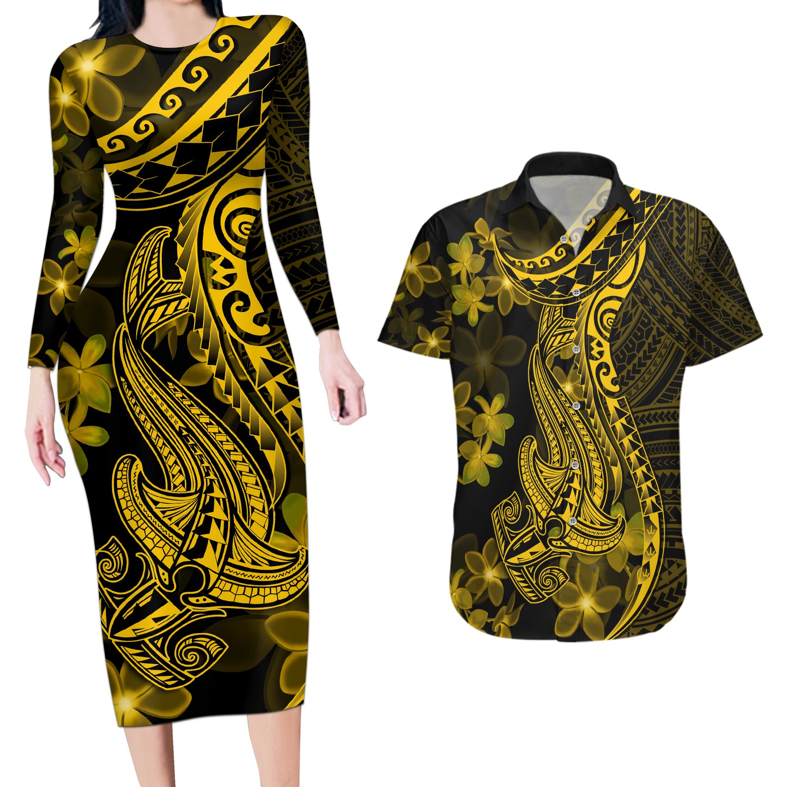 Gold Polynesia Shark Tattoo Couples Matching Long Sleeve Bodycon Dress and Hawaiian Shirt With Polynesian Plumeria - Wonder Print Shop