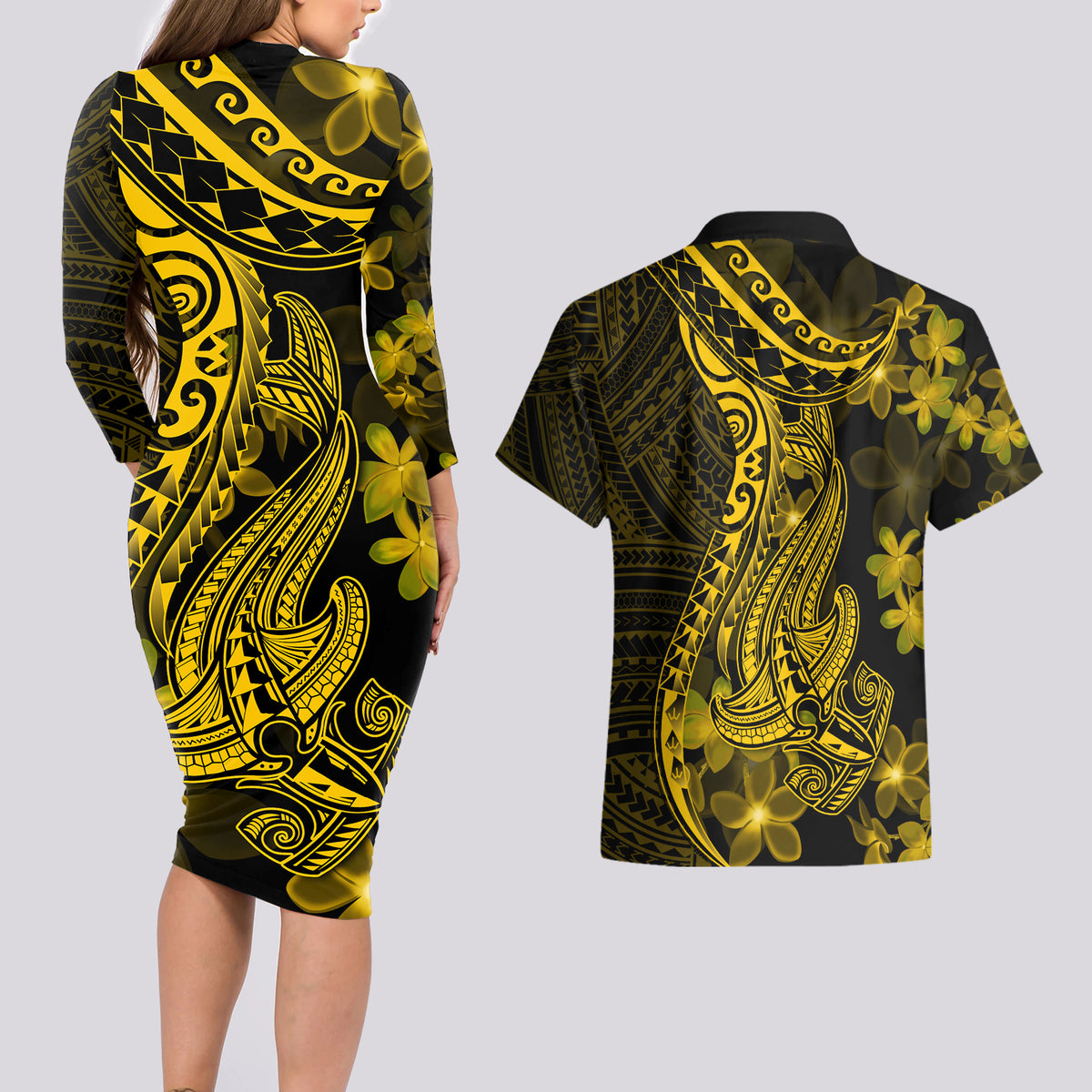 Gold Polynesia Shark Tattoo Couples Matching Long Sleeve Bodycon Dress and Hawaiian Shirt With Polynesian Plumeria - Wonder Print Shop