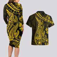 Gold Polynesia Shark Tattoo Couples Matching Long Sleeve Bodycon Dress and Hawaiian Shirt With Polynesian Plumeria - Wonder Print Shop