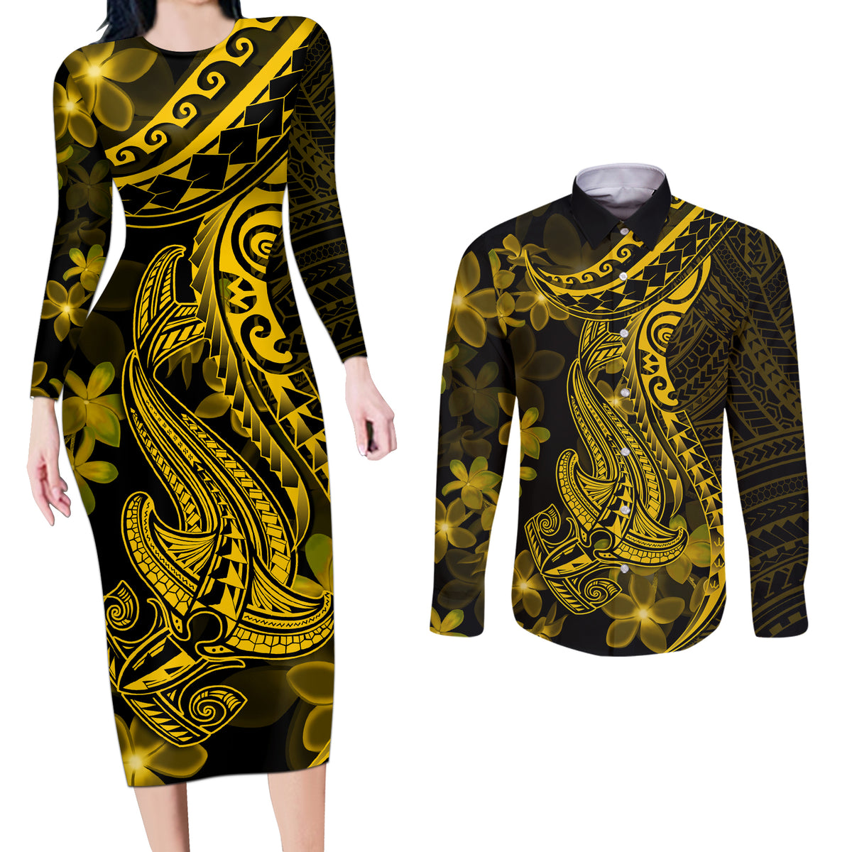 Gold Polynesia Shark Tattoo Couples Matching Long Sleeve Bodycon Dress and Long Sleeve Button Shirt With Polynesian Plumeria - Wonder Print Shop