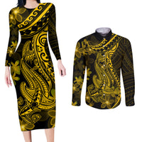 Gold Polynesia Shark Tattoo Couples Matching Long Sleeve Bodycon Dress and Long Sleeve Button Shirt With Polynesian Plumeria - Wonder Print Shop