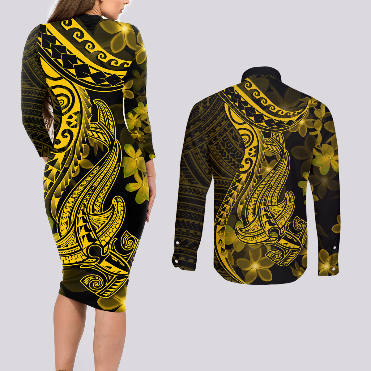 Gold Polynesia Shark Tattoo Couples Matching Long Sleeve Bodycon Dress and Long Sleeve Button Shirt With Polynesian Plumeria - Wonder Print Shop
