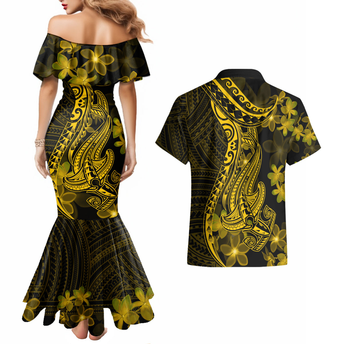 Gold Polynesia Shark Tattoo Couples Matching Mermaid Dress and Hawaiian Shirt With Polynesian Plumeria - Wonder Print Shop