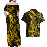Gold Polynesia Shark Tattoo Couples Matching Off Shoulder Maxi Dress and Hawaiian Shirt With Polynesian Plumeria - Wonder Print Shop
