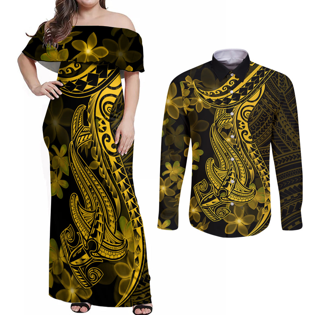Gold Polynesia Shark Tattoo Couples Matching Off Shoulder Maxi Dress and Long Sleeve Button Shirt With Polynesian Plumeria - Wonder Print Shop