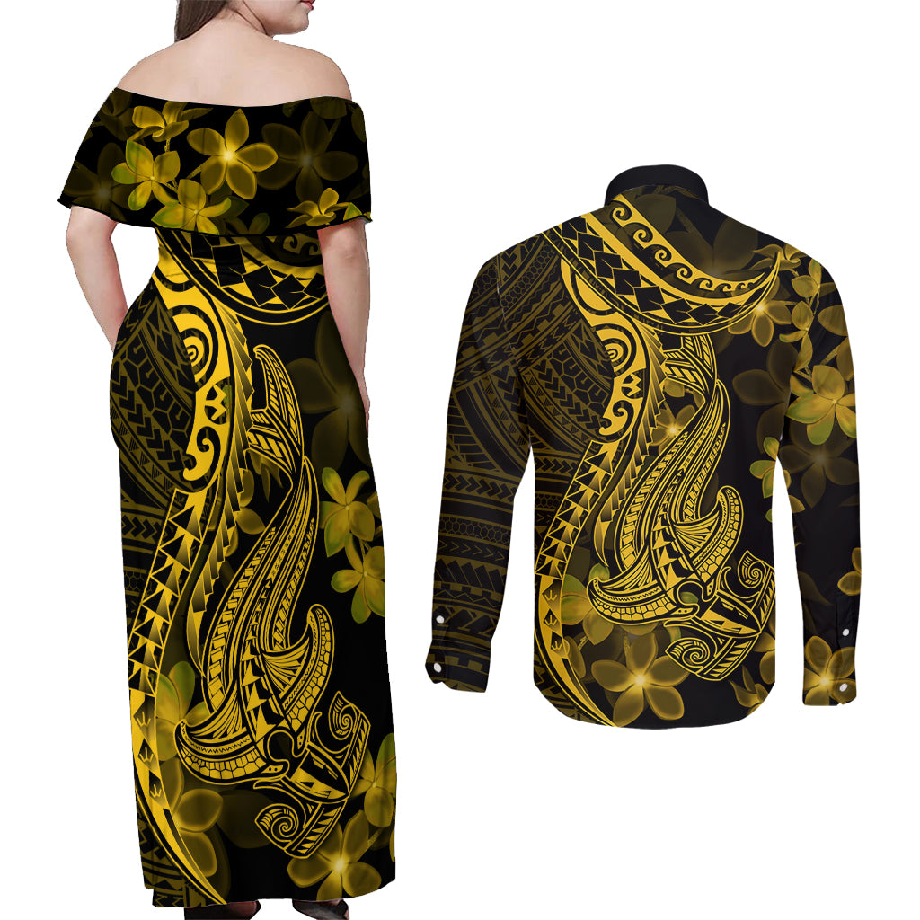 Gold Polynesia Shark Tattoo Couples Matching Off Shoulder Maxi Dress and Long Sleeve Button Shirt With Polynesian Plumeria - Wonder Print Shop