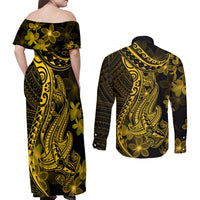 Gold Polynesia Shark Tattoo Couples Matching Off Shoulder Maxi Dress and Long Sleeve Button Shirt With Polynesian Plumeria - Wonder Print Shop