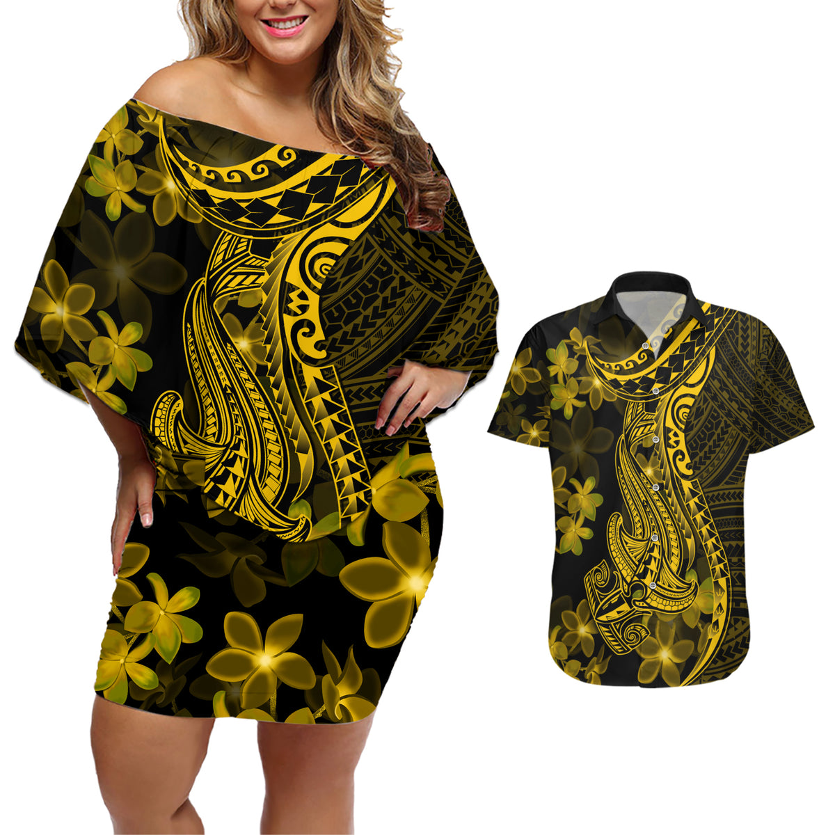 Gold Polynesia Shark Tattoo Couples Matching Off Shoulder Short Dress and Hawaiian Shirt With Polynesian Plumeria - Wonder Print Shop