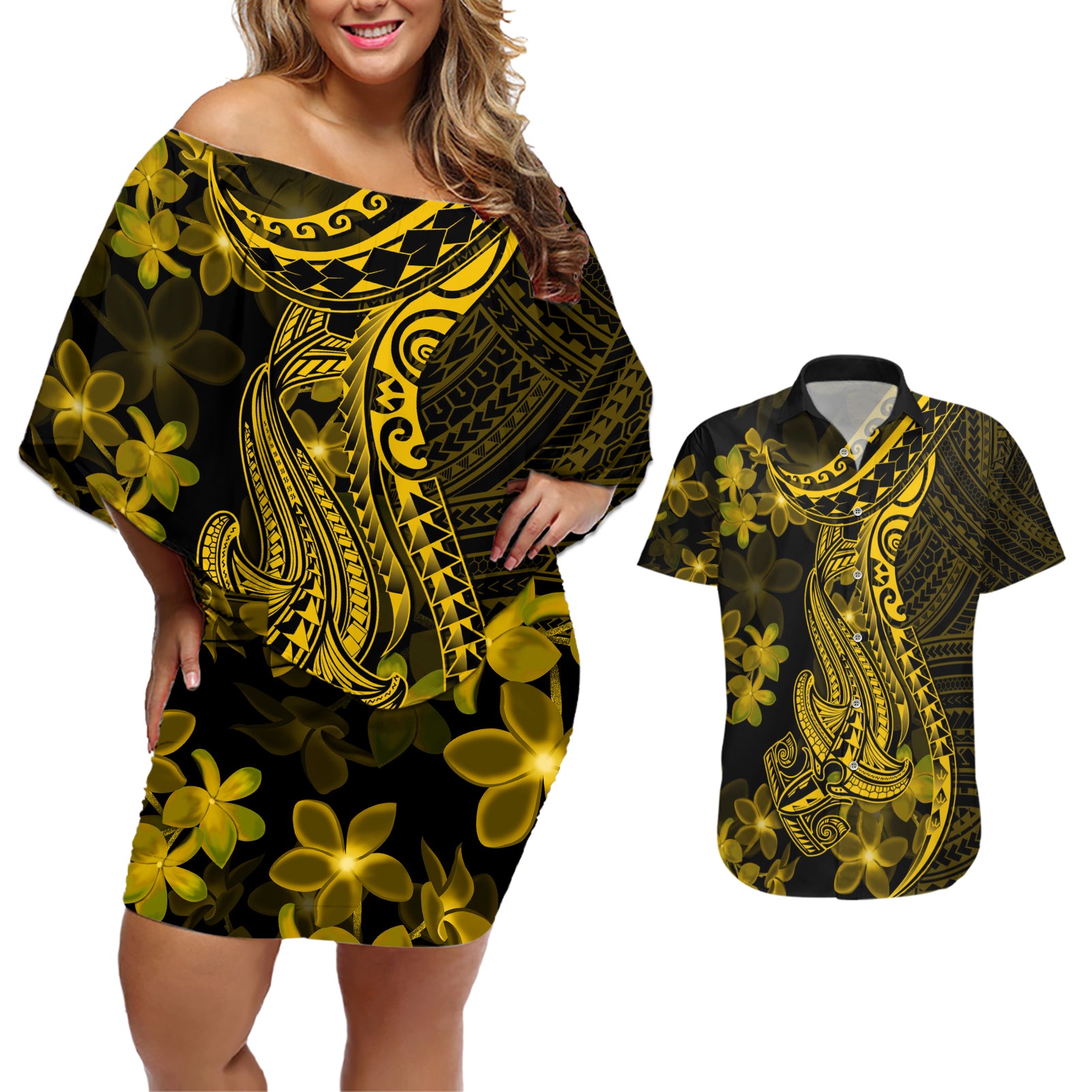 Gold Polynesia Shark Tattoo Couples Matching Off Shoulder Short Dress and Hawaiian Shirt With Polynesian Plumeria - Wonder Print Shop