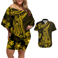 Gold Polynesia Shark Tattoo Couples Matching Off Shoulder Short Dress and Hawaiian Shirt With Polynesian Plumeria - Wonder Print Shop