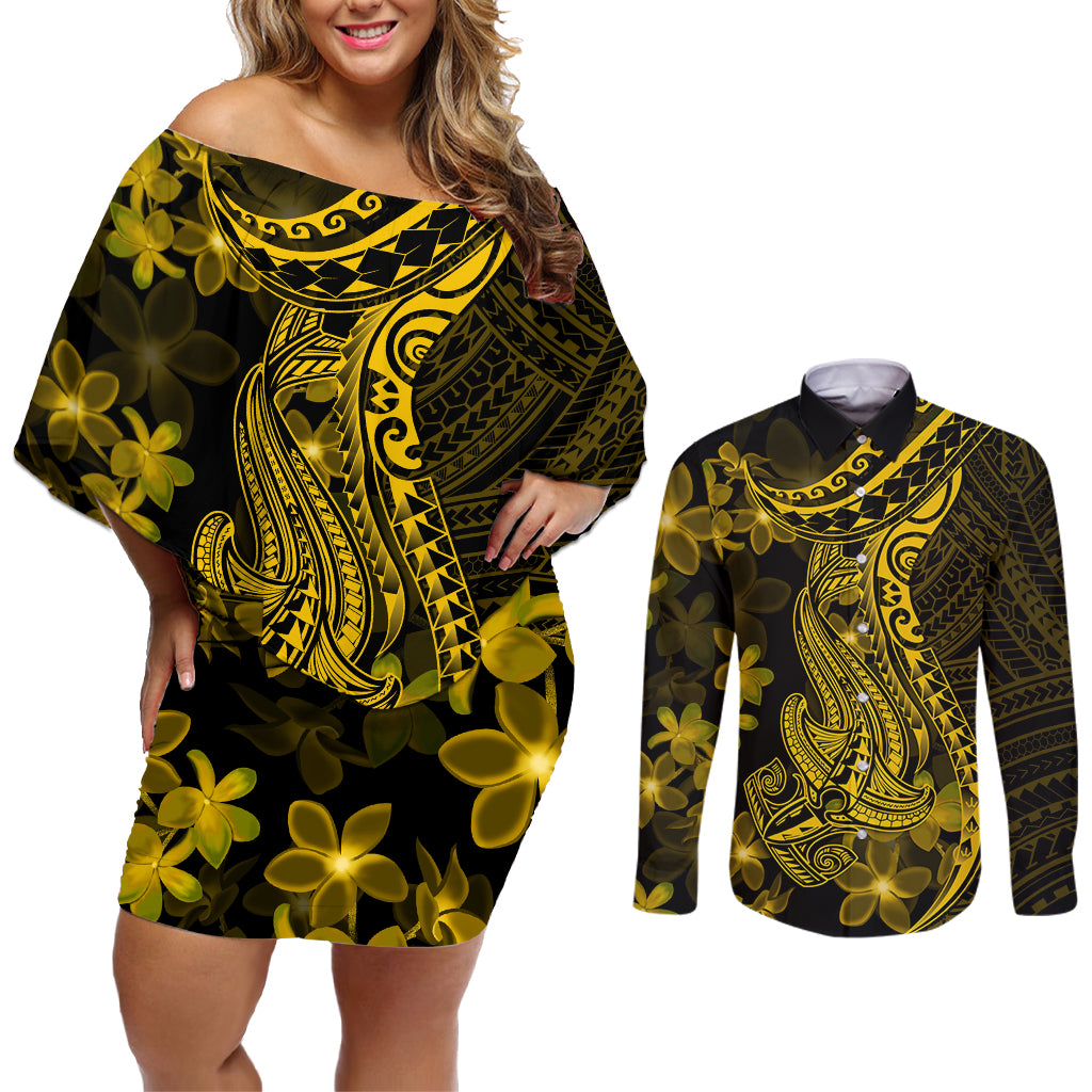 Gold Polynesia Shark Tattoo Couples Matching Off Shoulder Short Dress and Long Sleeve Button Shirt With Polynesian Plumeria - Wonder Print Shop