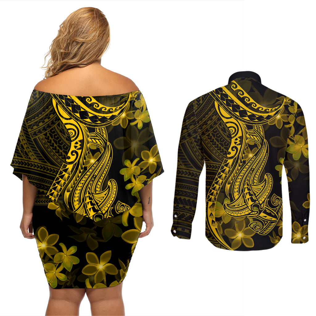 Gold Polynesia Shark Tattoo Couples Matching Off Shoulder Short Dress and Long Sleeve Button Shirt With Polynesian Plumeria - Wonder Print Shop