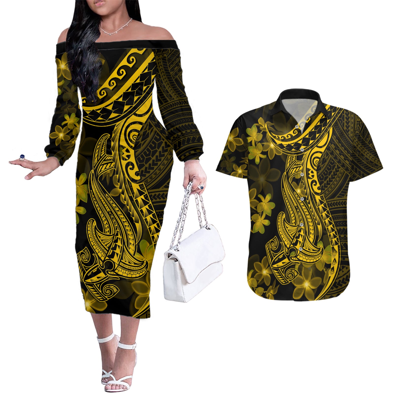 Gold Polynesia Shark Tattoo Couples Matching Off The Shoulder Long Sleeve Dress and Hawaiian Shirt With Polynesian Plumeria - Wonder Print Shop