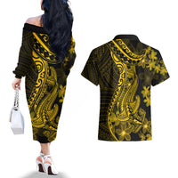 Gold Polynesia Shark Tattoo Couples Matching Off The Shoulder Long Sleeve Dress and Hawaiian Shirt With Polynesian Plumeria - Wonder Print Shop
