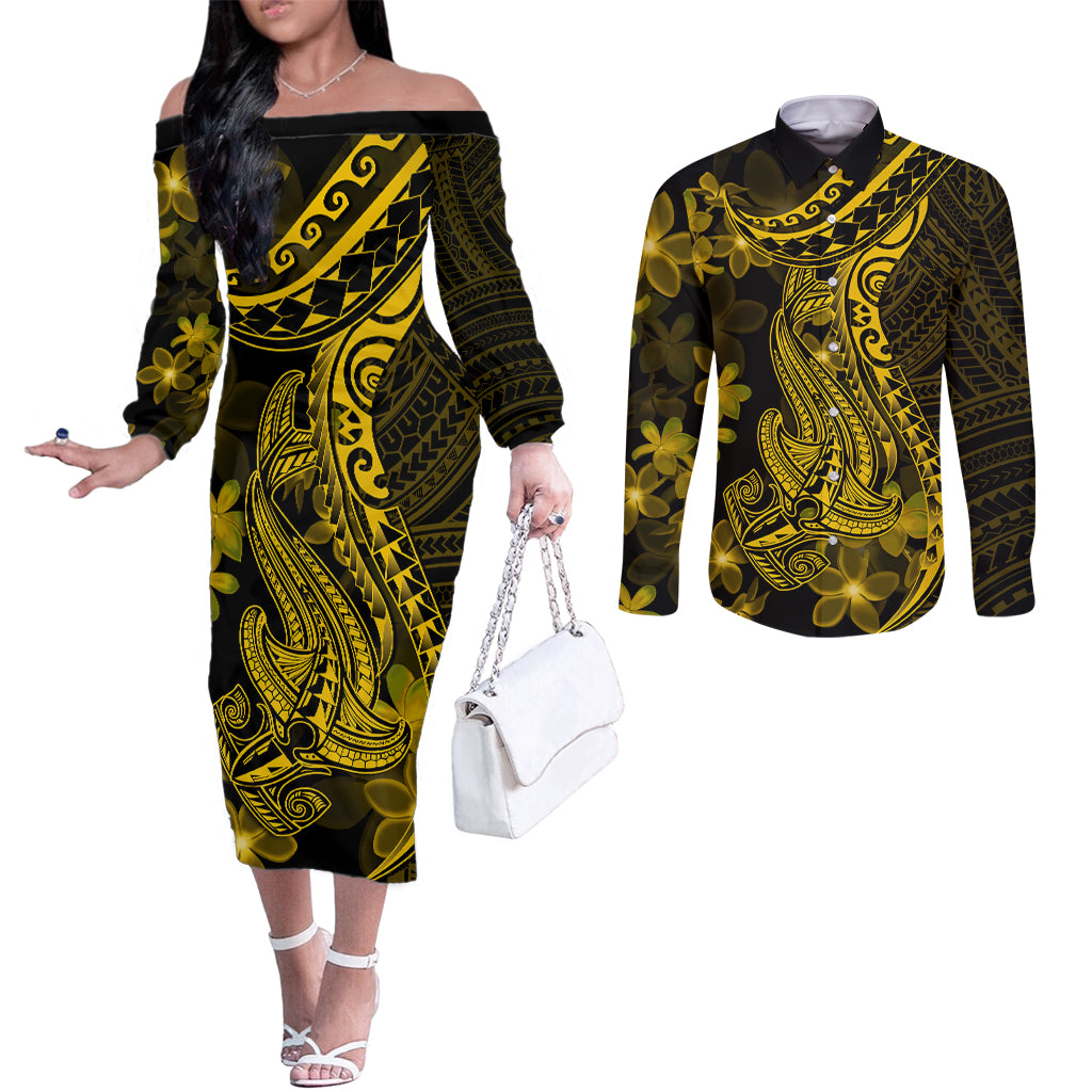 gold-polynesia-shark-tattoo-couples-matching-off-the-shoulder-long-sleeve-dress-and-long-sleeve-button-shirt-with-polynesian-plumeria