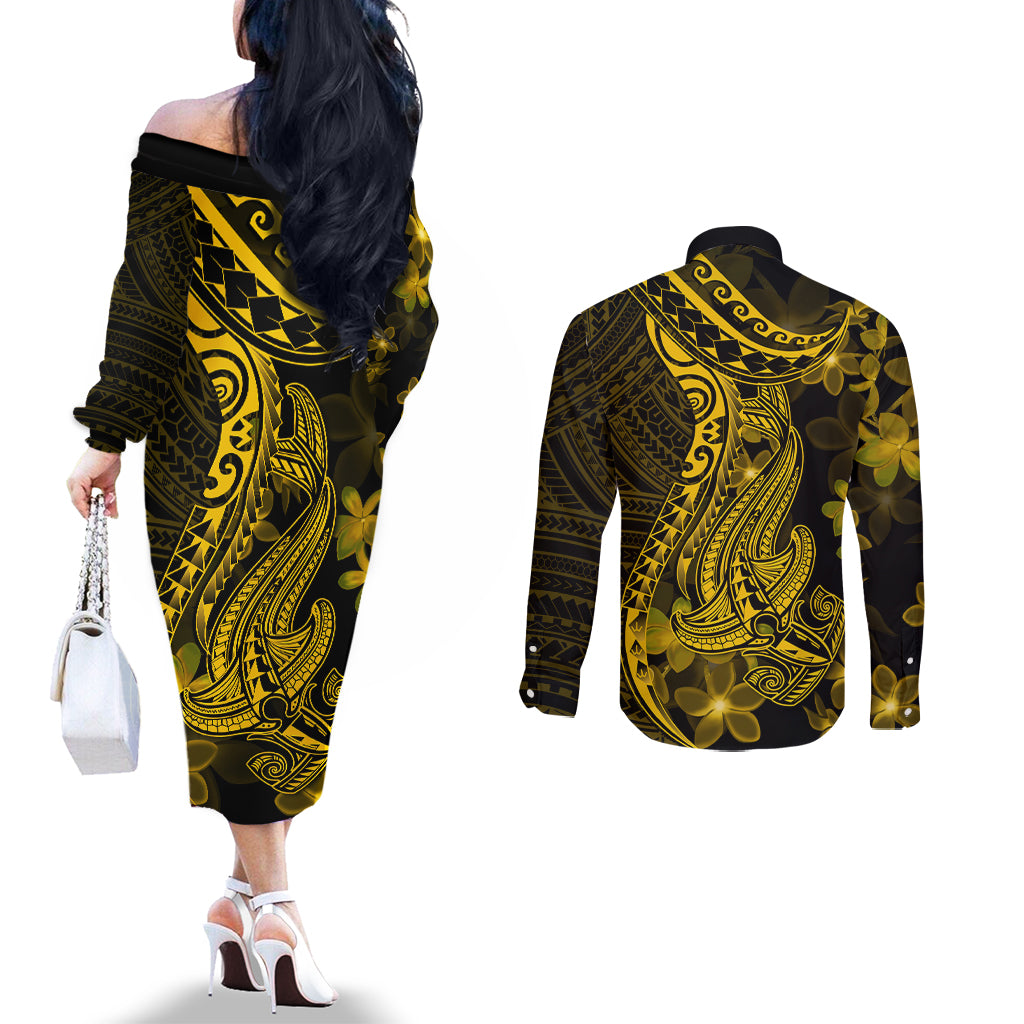 gold-polynesia-shark-tattoo-couples-matching-off-the-shoulder-long-sleeve-dress-and-long-sleeve-button-shirt-with-polynesian-plumeria