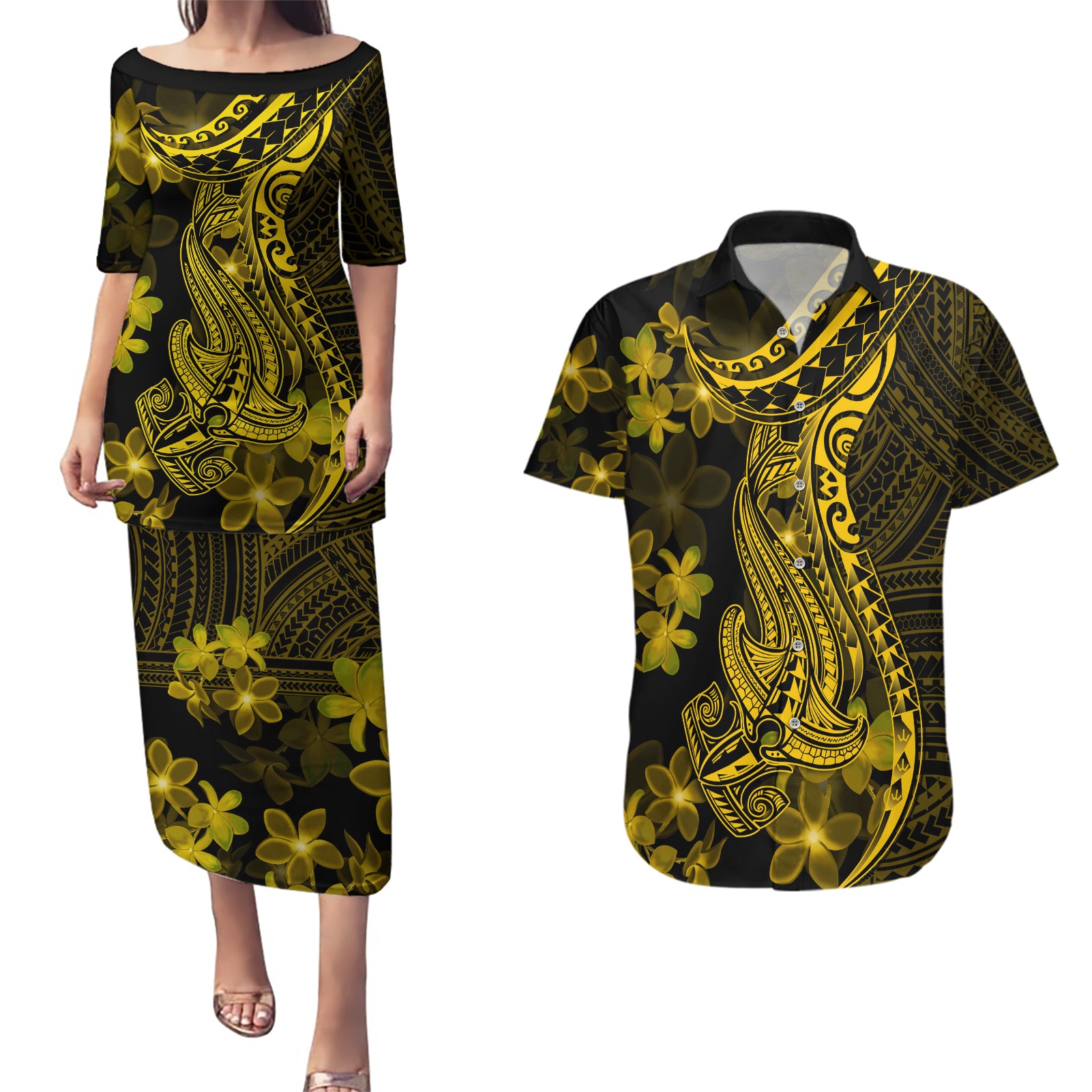 Gold Polynesia Shark Tattoo Couples Matching Puletasi Dress and Hawaiian Shirt With Polynesian Plumeria - Wonder Print Shop