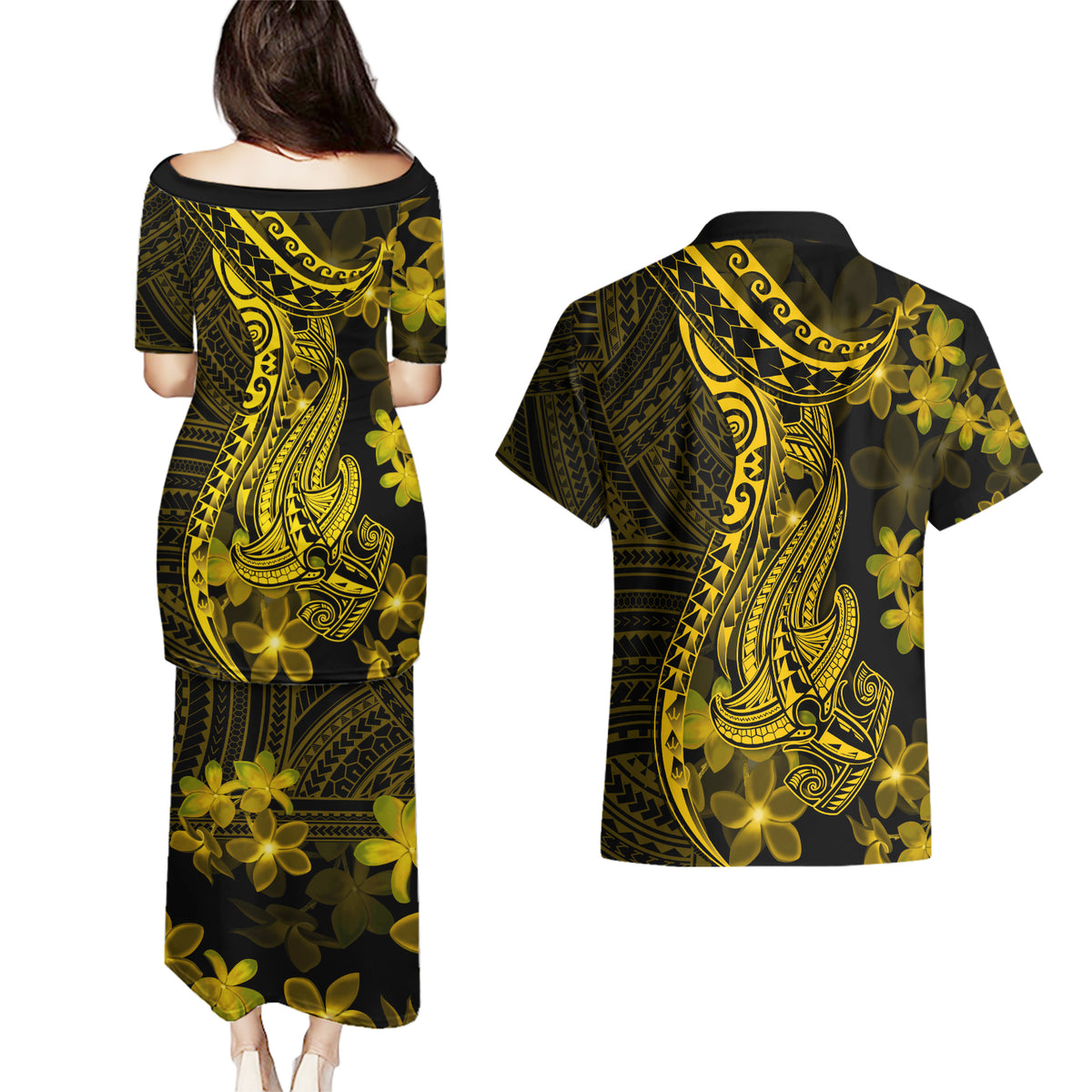 Gold Polynesia Shark Tattoo Couples Matching Puletasi Dress and Hawaiian Shirt With Polynesian Plumeria - Wonder Print Shop