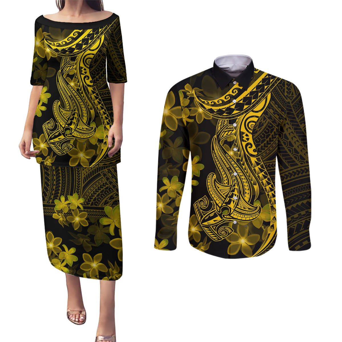 Gold Polynesia Shark Tattoo Couples Matching Puletasi Dress and Long Sleeve Button Shirt With Polynesian Plumeria - Wonder Print Shop