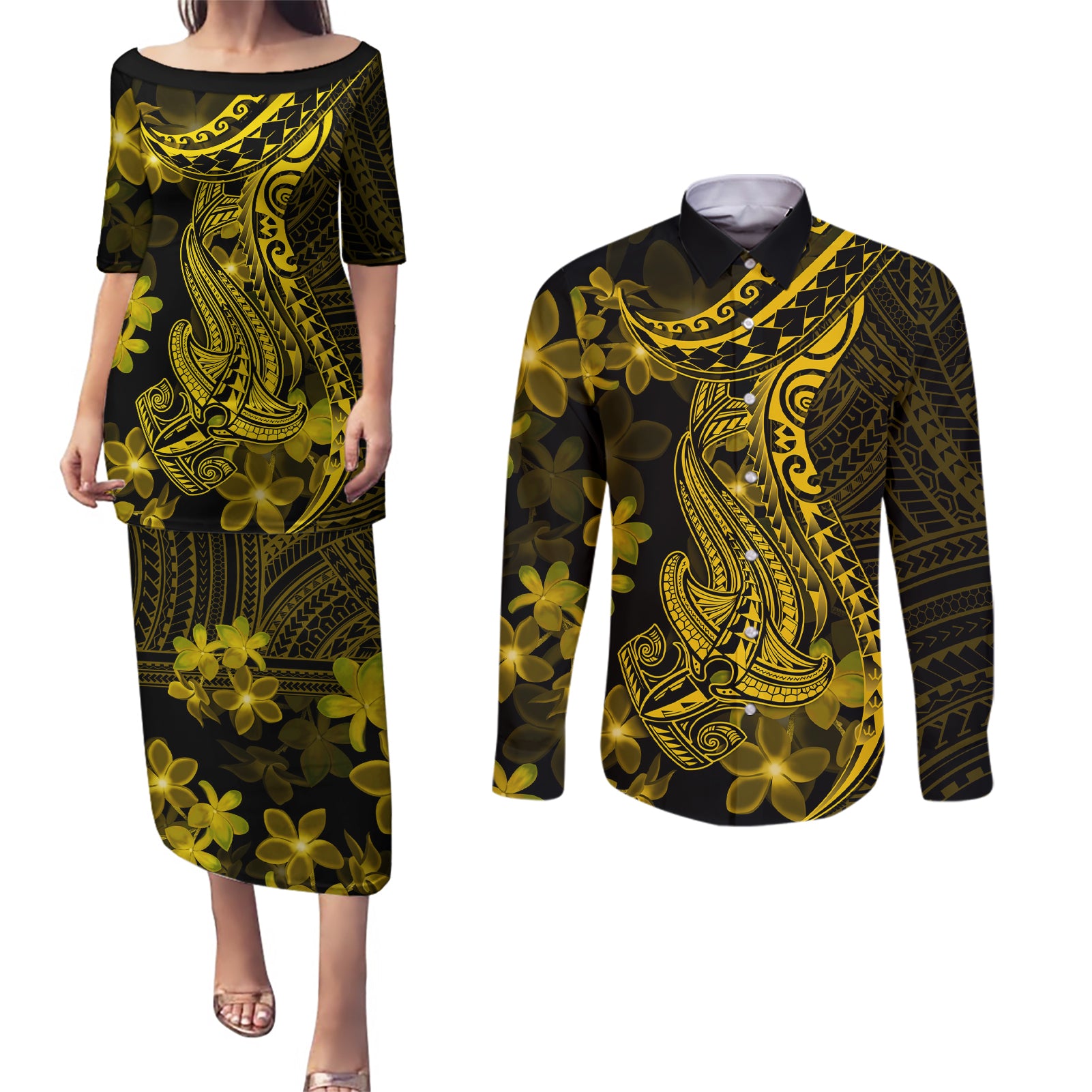 Gold Polynesia Shark Tattoo Couples Matching Puletasi Dress and Long Sleeve Button Shirt With Polynesian Plumeria - Wonder Print Shop