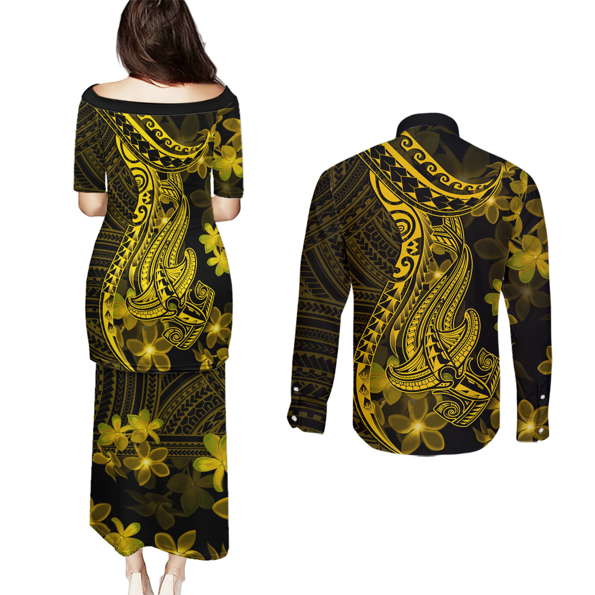 Gold Polynesia Shark Tattoo Couples Matching Puletasi Dress and Long Sleeve Button Shirt With Polynesian Plumeria - Wonder Print Shop
