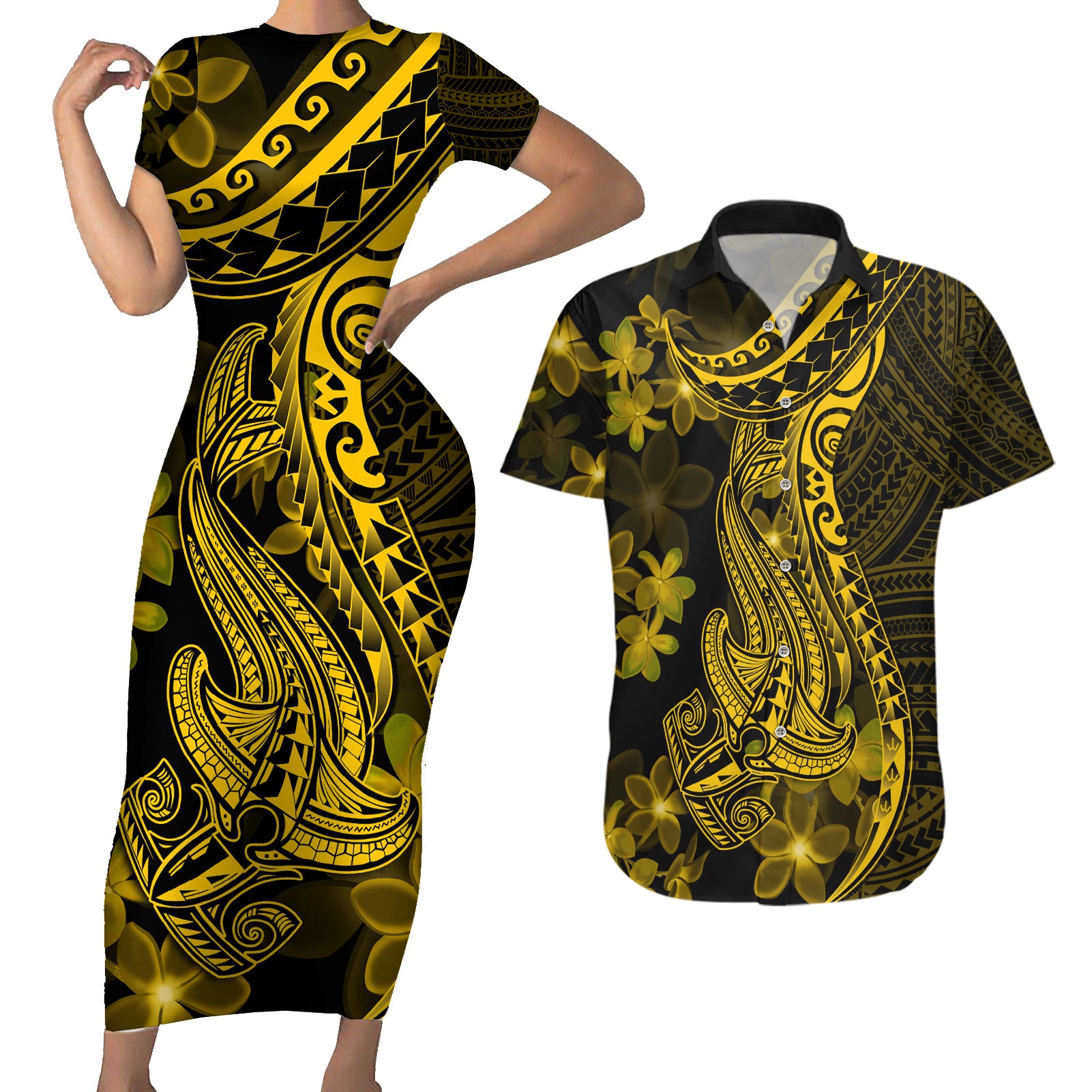 Gold Polynesia Shark Tattoo Couples Matching Short Sleeve Bodycon Dress and Hawaiian Shirt With Polynesian Plumeria - Wonder Print Shop