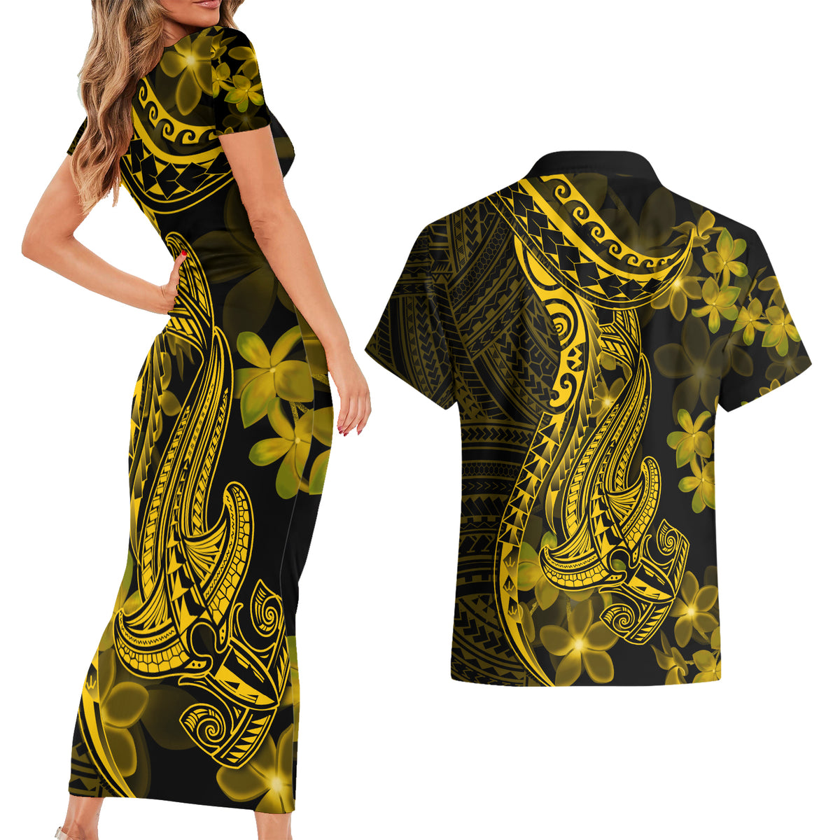Gold Polynesia Shark Tattoo Couples Matching Short Sleeve Bodycon Dress and Hawaiian Shirt With Polynesian Plumeria - Wonder Print Shop