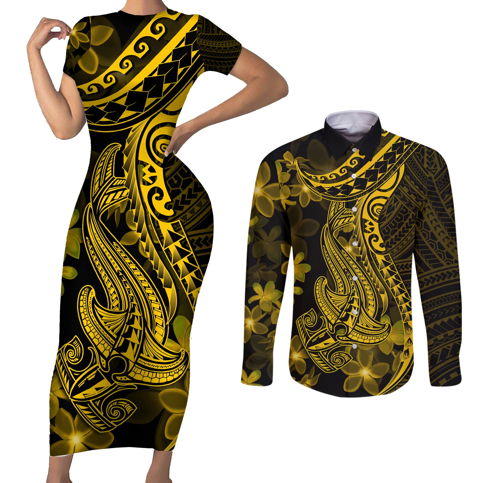 Gold Polynesia Shark Tattoo Couples Matching Short Sleeve Bodycon Dress and Long Sleeve Button Shirt With Polynesian Plumeria - Wonder Print Shop