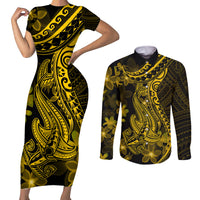 Gold Polynesia Shark Tattoo Couples Matching Short Sleeve Bodycon Dress and Long Sleeve Button Shirt With Polynesian Plumeria - Wonder Print Shop
