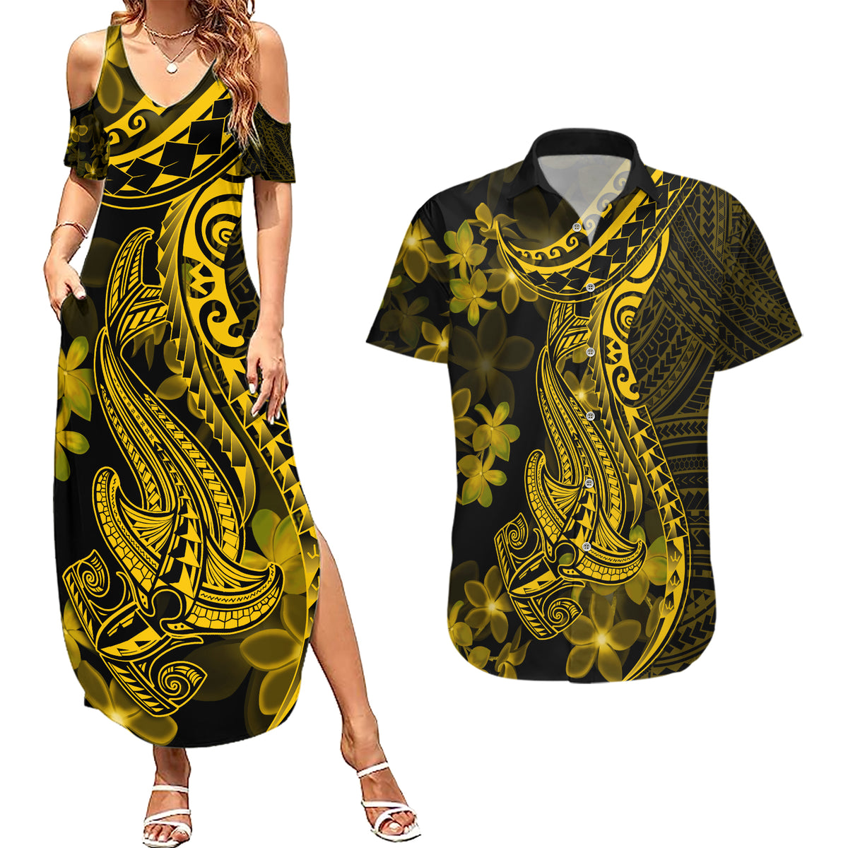Gold Polynesia Shark Tattoo Couples Matching Summer Maxi Dress and Hawaiian Shirt With Polynesian Plumeria - Wonder Print Shop