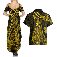Gold Polynesia Shark Tattoo Couples Matching Summer Maxi Dress and Hawaiian Shirt With Polynesian Plumeria - Wonder Print Shop