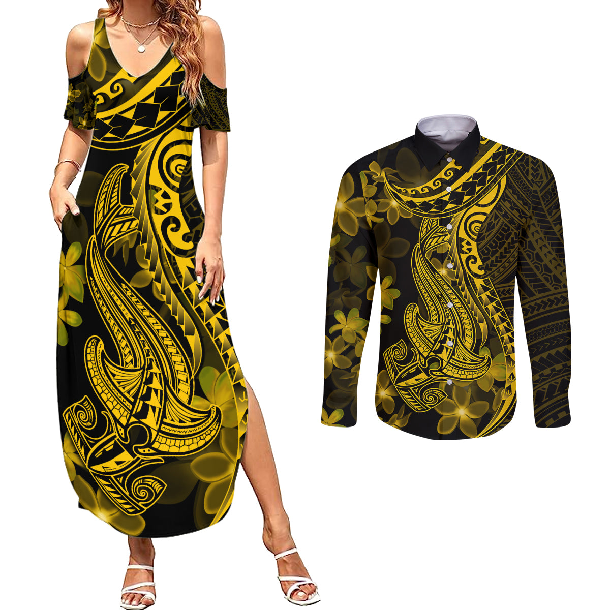 Gold Polynesia Shark Tattoo Couples Matching Summer Maxi Dress and Long Sleeve Button Shirt With Polynesian Plumeria - Wonder Print Shop