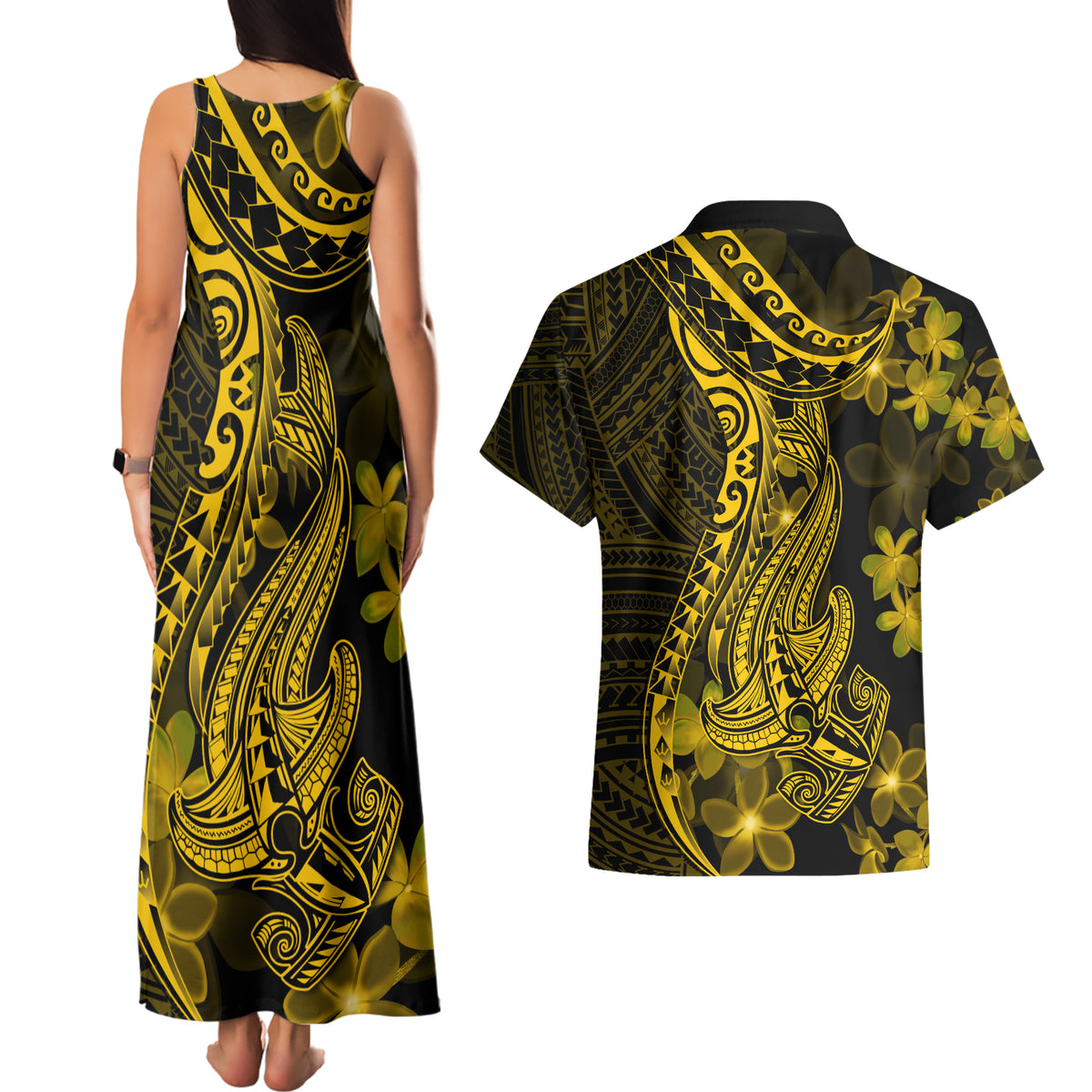 Gold Polynesia Shark Tattoo Couples Matching Tank Maxi Dress and Hawaiian Shirt With Polynesian Plumeria - Wonder Print Shop
