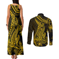 Gold Polynesia Shark Tattoo Couples Matching Tank Maxi Dress and Long Sleeve Button Shirt With Polynesian Plumeria - Wonder Print Shop