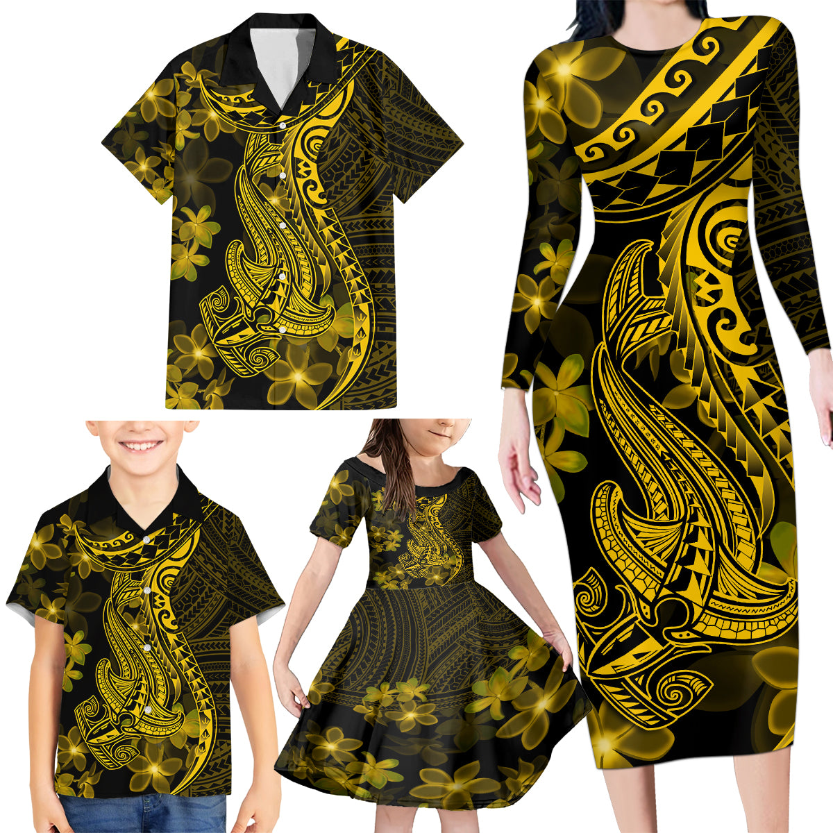 Gold Polynesia Shark Tattoo Family Matching Long Sleeve Bodycon Dress and Hawaiian Shirt With Polynesian Plumeria - Wonder Print Shop