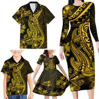 Gold Polynesia Shark Tattoo Family Matching Long Sleeve Bodycon Dress and Hawaiian Shirt With Polynesian Plumeria - Wonder Print Shop