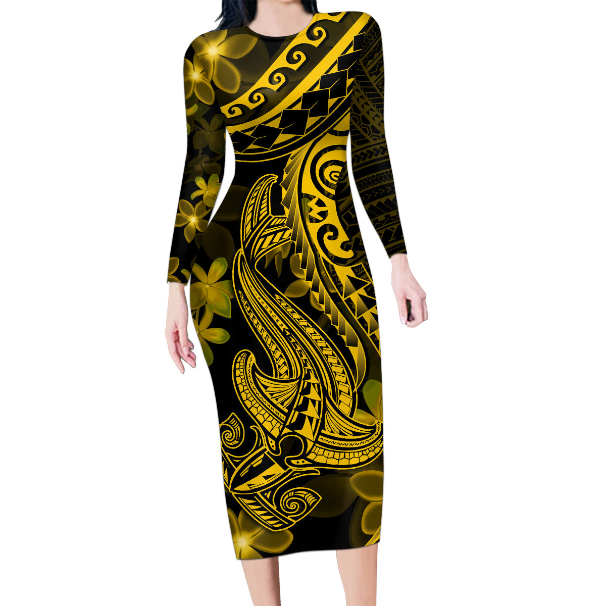 Gold Polynesia Shark Tattoo Family Matching Long Sleeve Bodycon Dress and Hawaiian Shirt With Polynesian Plumeria - Wonder Print Shop