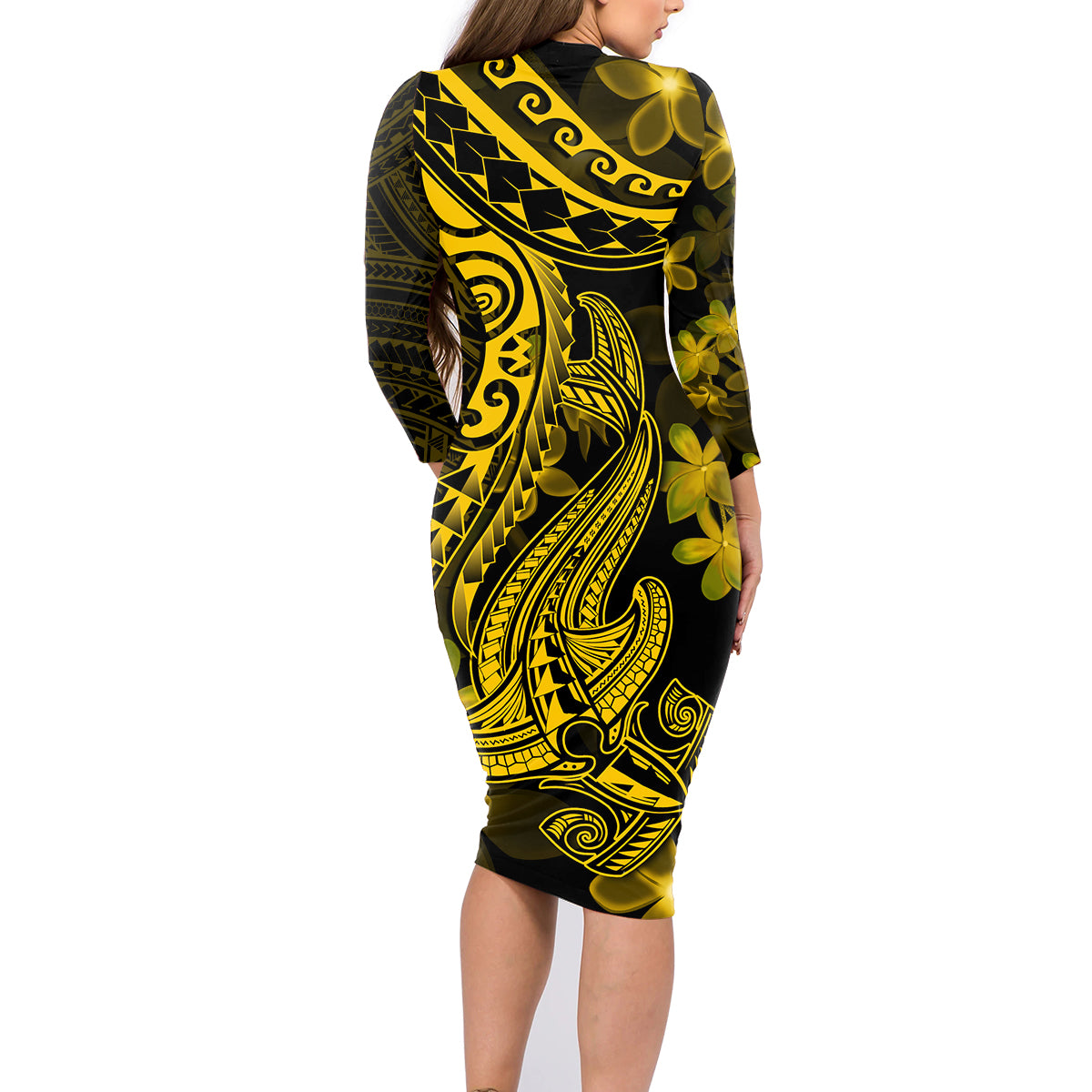 Gold Polynesia Shark Tattoo Family Matching Long Sleeve Bodycon Dress and Hawaiian Shirt With Polynesian Plumeria - Wonder Print Shop
