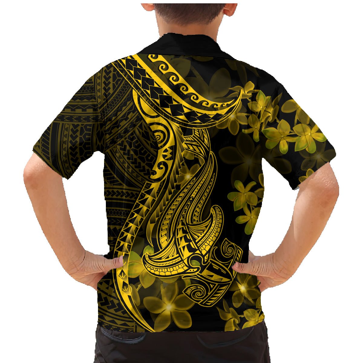 Gold Polynesia Shark Tattoo Family Matching Mermaid Dress and Hawaiian Shirt With Polynesian Plumeria - Wonder Print Shop