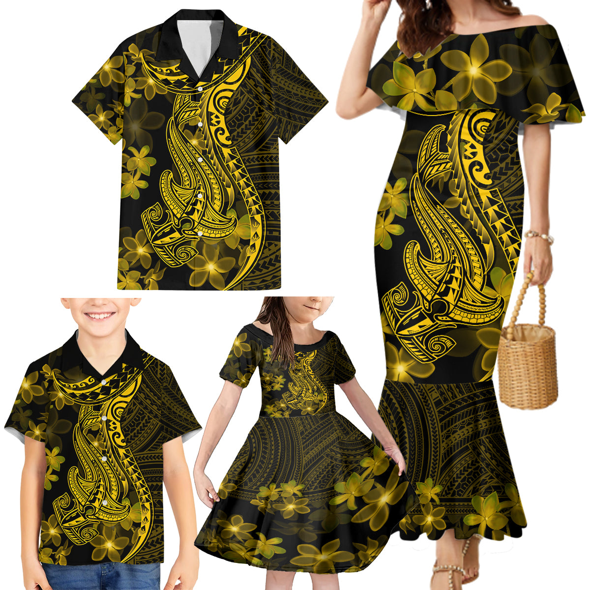 Gold Polynesia Shark Tattoo Family Matching Mermaid Dress and Hawaiian Shirt With Polynesian Plumeria - Wonder Print Shop