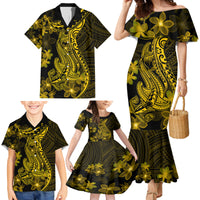 Gold Polynesia Shark Tattoo Family Matching Mermaid Dress and Hawaiian Shirt With Polynesian Plumeria - Wonder Print Shop