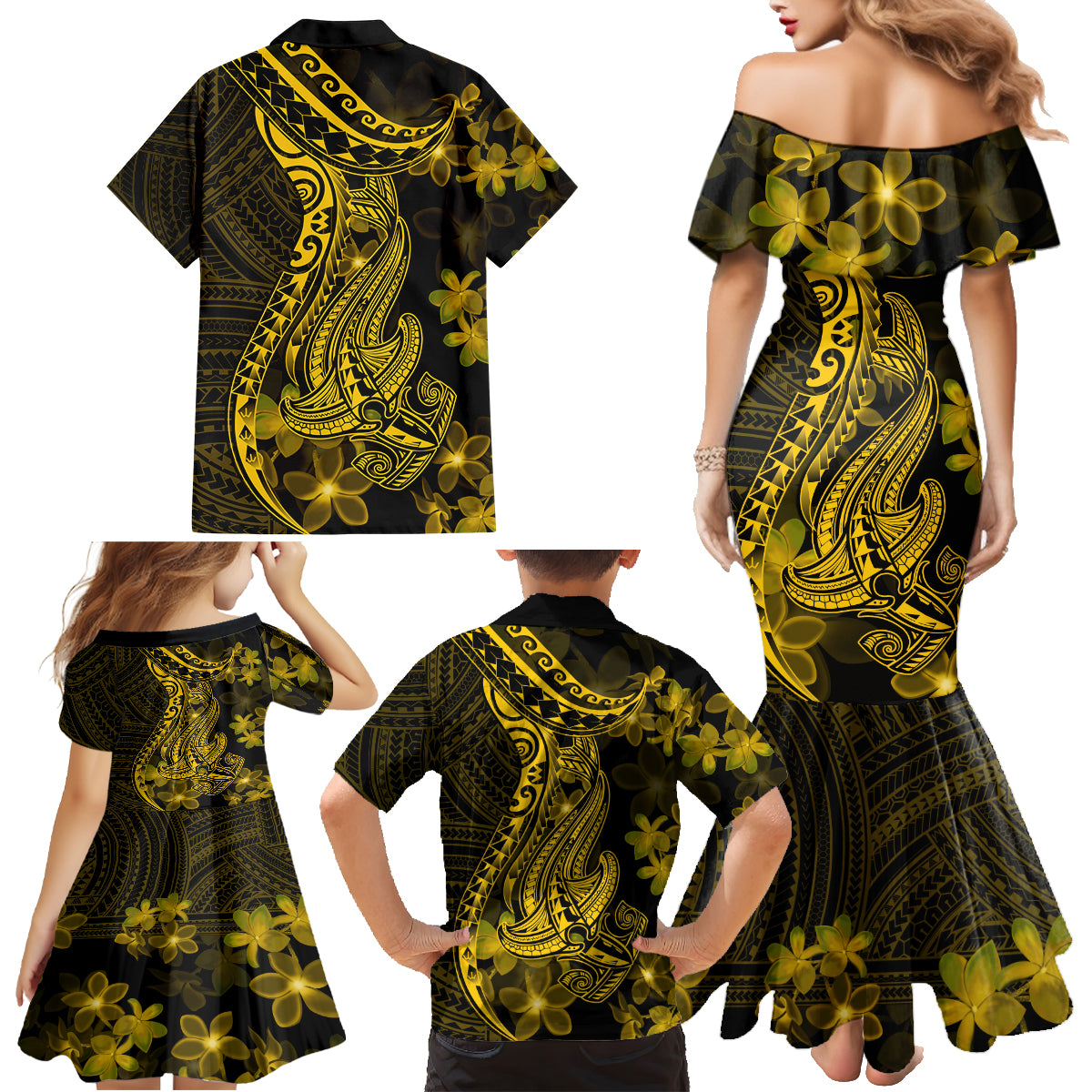 Gold Polynesia Shark Tattoo Family Matching Mermaid Dress and Hawaiian Shirt With Polynesian Plumeria - Wonder Print Shop