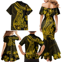 Gold Polynesia Shark Tattoo Family Matching Mermaid Dress and Hawaiian Shirt With Polynesian Plumeria - Wonder Print Shop