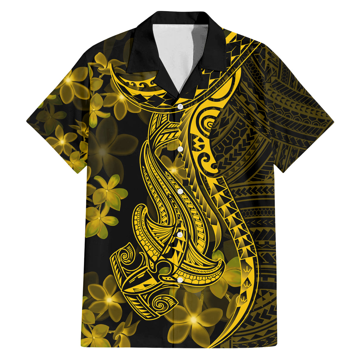 Gold Polynesia Shark Tattoo Family Matching Mermaid Dress and Hawaiian Shirt With Polynesian Plumeria - Wonder Print Shop