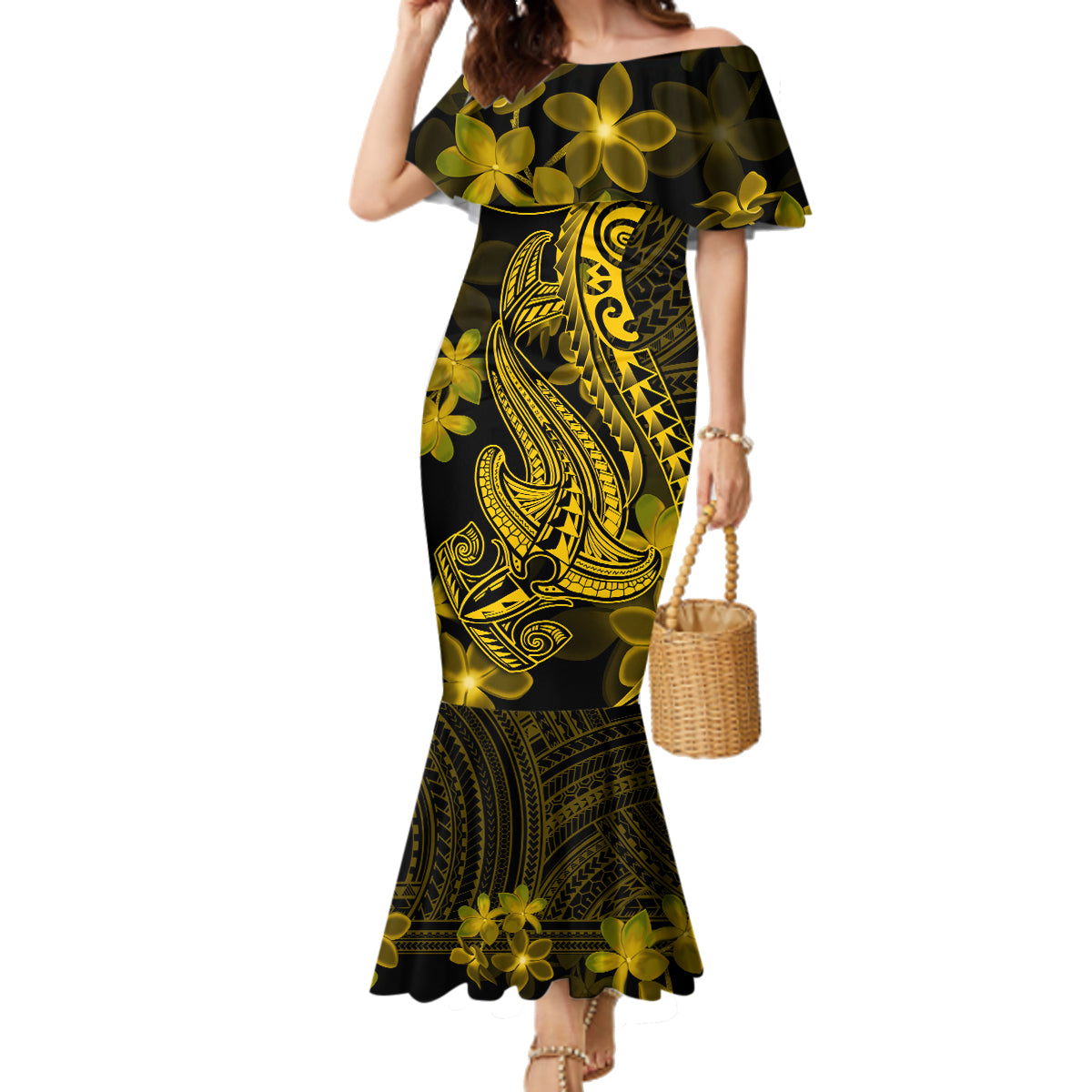 Gold Polynesia Shark Tattoo Family Matching Mermaid Dress and Hawaiian Shirt With Polynesian Plumeria - Wonder Print Shop