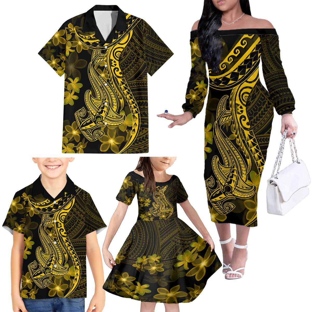 Gold Polynesia Shark Tattoo Family Matching Off Shoulder Long Sleeve Dress and Hawaiian Shirt With Polynesian Plumeria - Wonder Print Shop