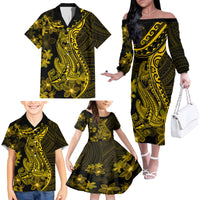 Gold Polynesia Shark Tattoo Family Matching Off Shoulder Long Sleeve Dress and Hawaiian Shirt With Polynesian Plumeria - Wonder Print Shop