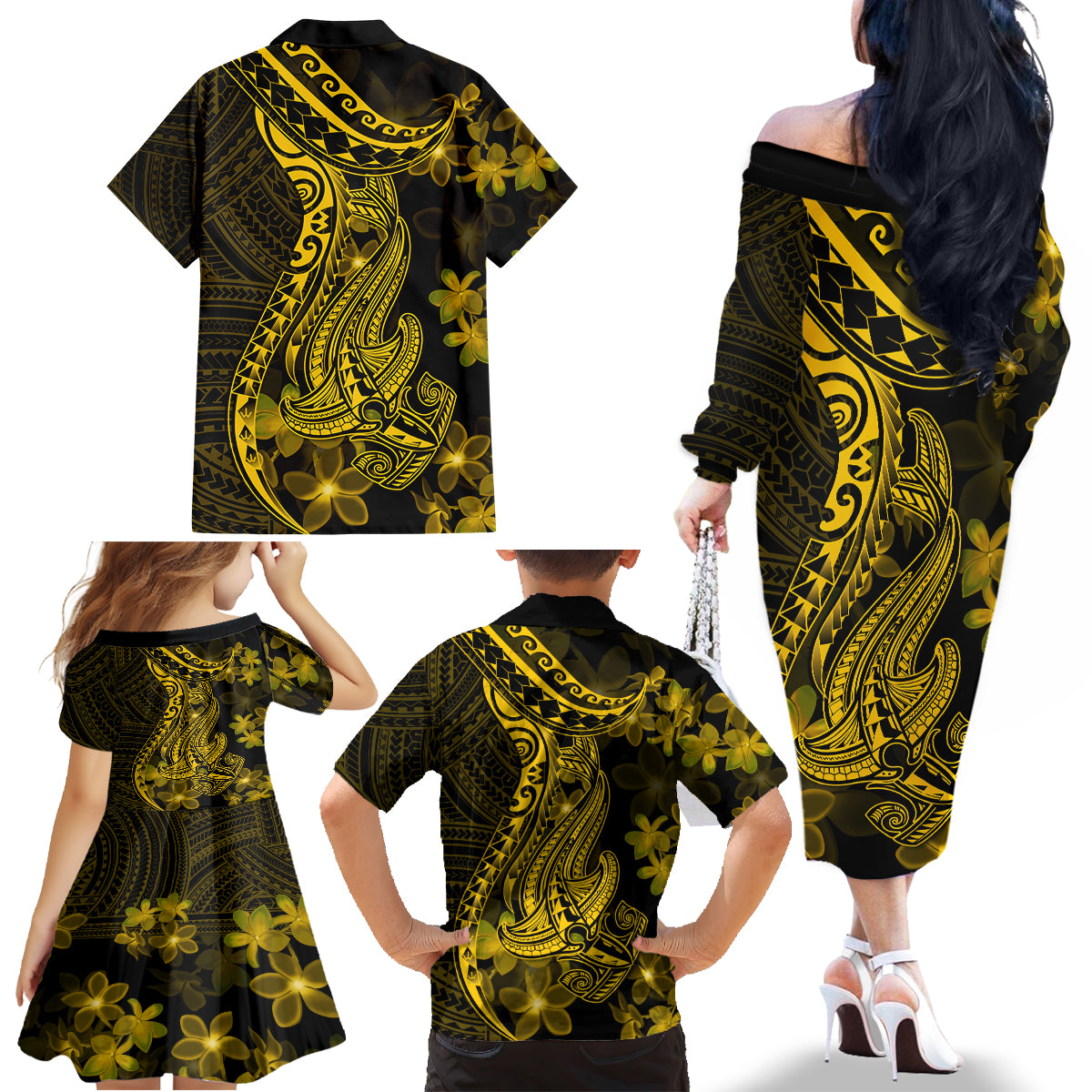 Gold Polynesia Shark Tattoo Family Matching Off Shoulder Long Sleeve Dress and Hawaiian Shirt With Polynesian Plumeria - Wonder Print Shop