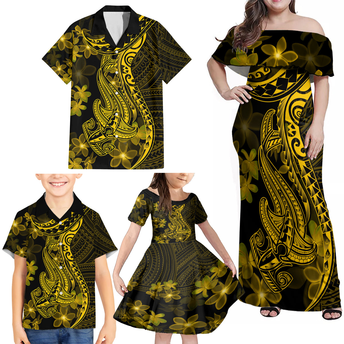 Gold Polynesia Shark Tattoo Family Matching Off Shoulder Maxi Dress and Hawaiian Shirt With Polynesian Plumeria - Wonder Print Shop
