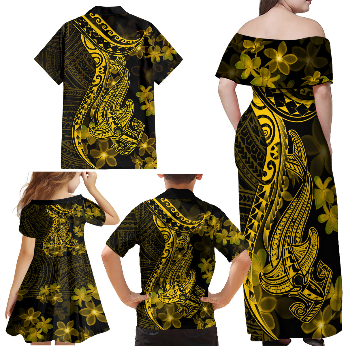 Gold Polynesia Shark Tattoo Family Matching Off Shoulder Maxi Dress and Hawaiian Shirt With Polynesian Plumeria - Wonder Print Shop